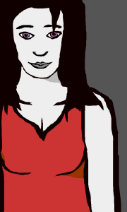 Dark-haired, shy woman in red dress.